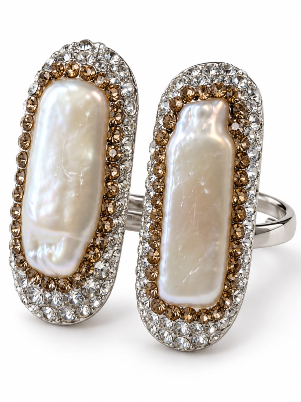Baroque Pearl & Crystal Double Statement Ring Silver Tone
